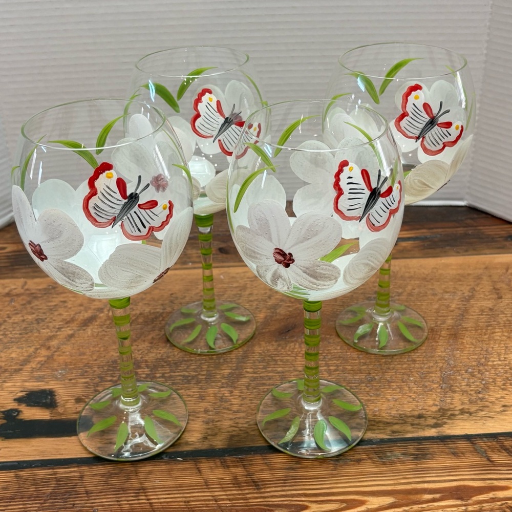 Hand-painted Floral and Butterfly Wine Glasses